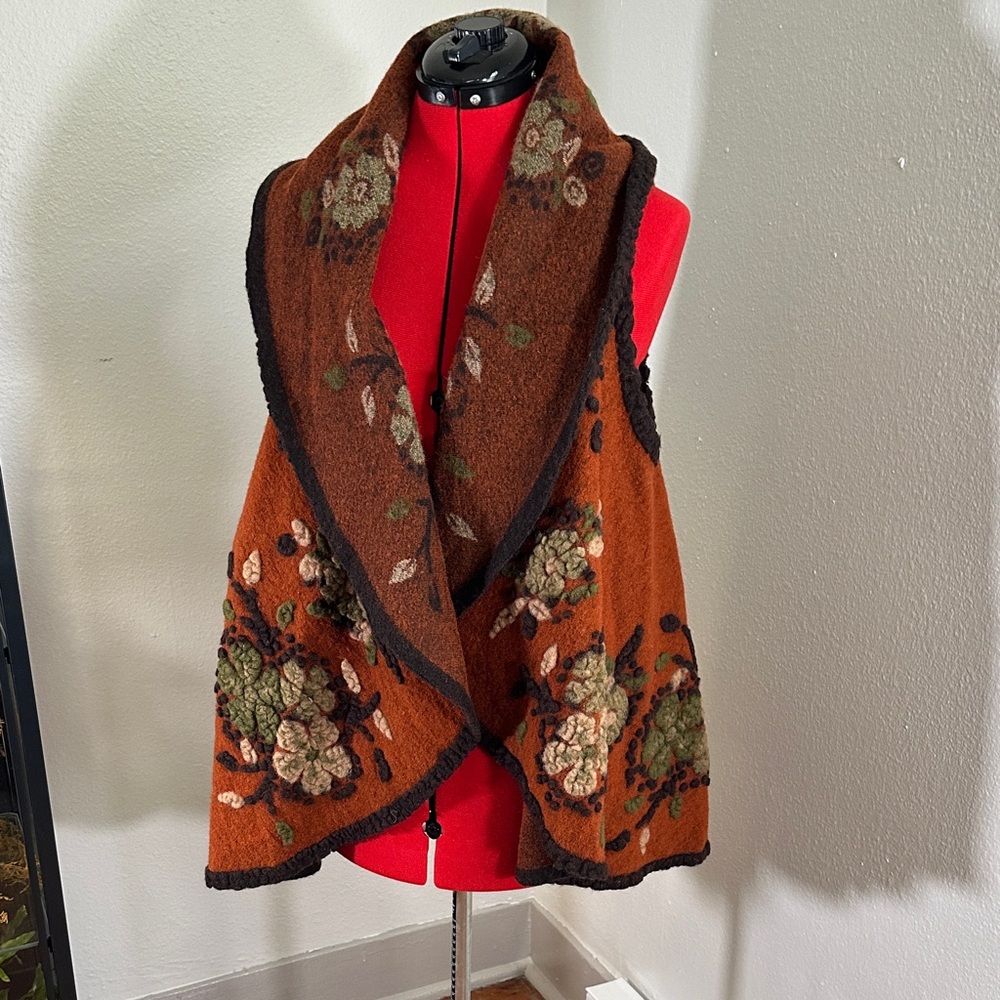 Boiled Wool Floral Orange and Brown Oversized Vest